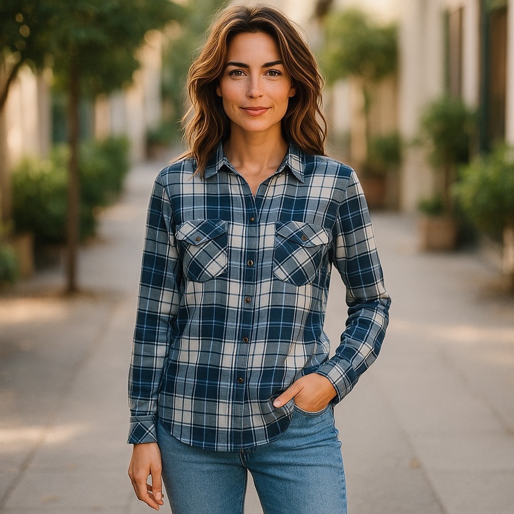 🌸 L.O.G.G. by H&M Blue & White Plaid Button-Down Shirt – Women’s Size 2